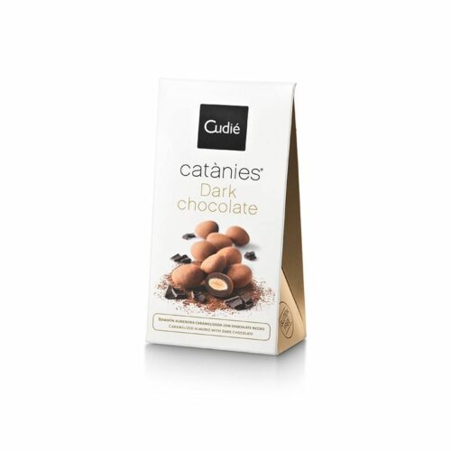 "Catànies" karamelizuoti Marcona migdolai, padengti juoduoju šokoladu ir pabarstyti kakavos pudra, 80 G. CUDIE