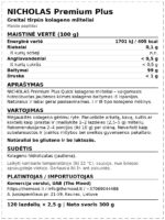 NICHOLAS Premium Plus kolageno maisto papildo etiketė – maistinė vertė, sudėtis ir vartojimas